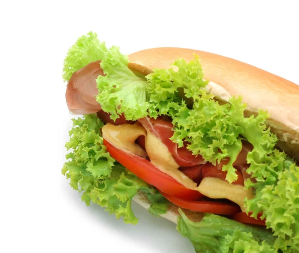Hot Dog Savoureux Avec Des Légumes Sur Fond Blanc Gros — Photo