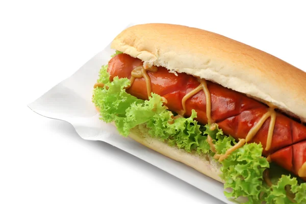 Papírový Talíř Chutné Hot Dog Bílém Pozadí — Stock fotografie