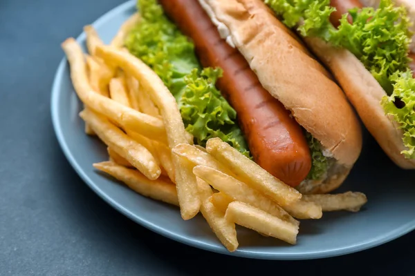 Plate French Fries Hot Dogs Table Closeup — Stock Photo, Image