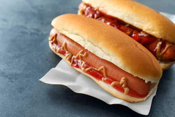 Tasty Fresh Hot Dogs Grey Table — Stock Photo, Image