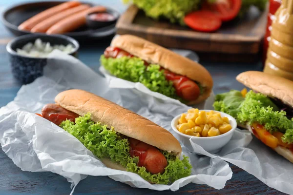 Tasty Hot Dogs Bowl Corn Table — Stock Photo, Image
