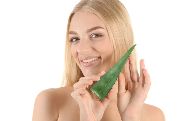 Beautiful Young Woman Aloe Vera White Background — Stock Photo, Image