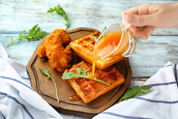 Woman Pouring Sweet Honey Delicious Waffles Wooden Board — Stock Photo, Image