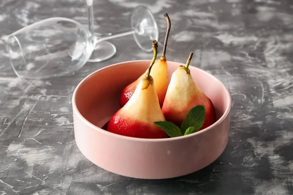 Bowl Sweet Pears Stewed Red Wine Table — Stock Photo, Image
