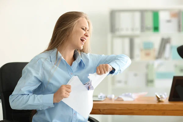 Stressed Young Woman Tearing Paper Workplace — Stock Photo, Image