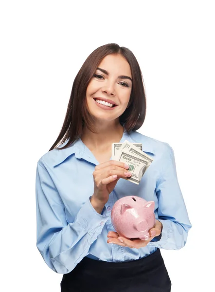 Hermosa Mujer Joven Con Alcancía Sobre Fondo Blanco — Foto de Stock