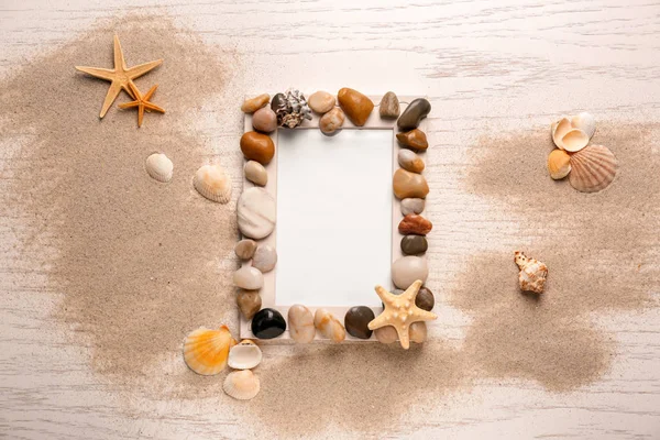 Photo Frame Decorated Sea Pebbles Shells White Wooden Background — Stock Photo, Image