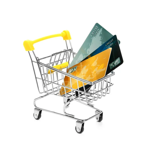 Kleine Trolley Met Creditcards Witte Achtergrond Internet Shopping Concept — Stockfoto