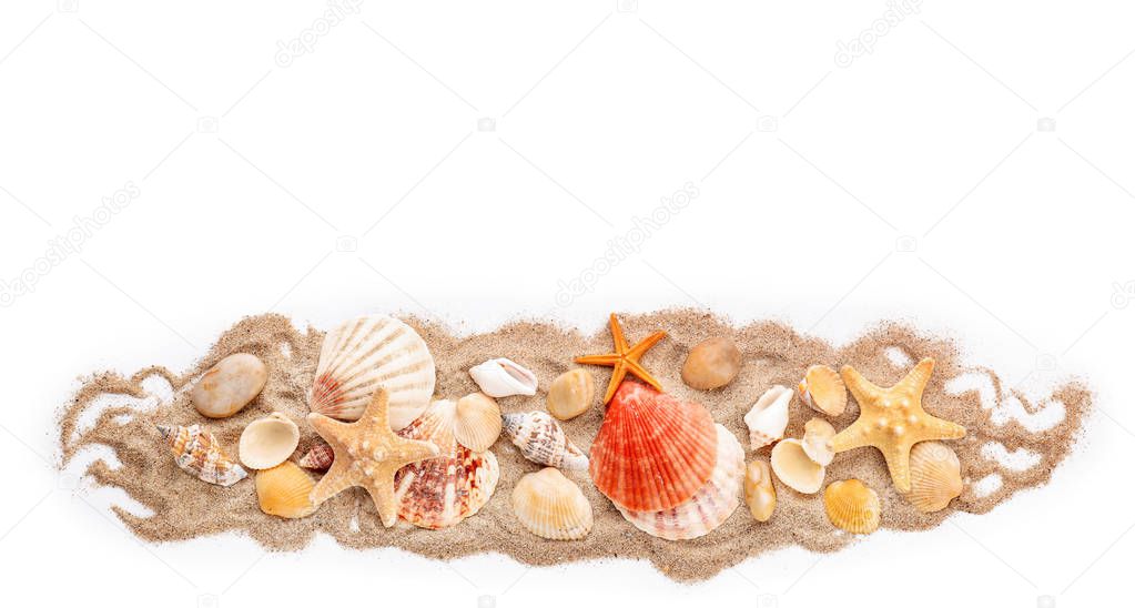 Composition with sand, sea pebbles and shells on white background