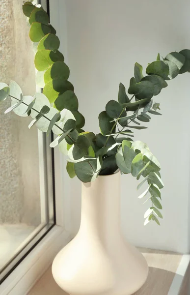 Vase Avec Branches Eucalyptus Vert Sur Rebord Fenêtre — Photo