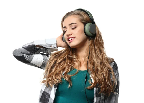 Mooie Jonge Vrouw Luisteren Naar Muziek Witte Achtergrond — Stockfoto