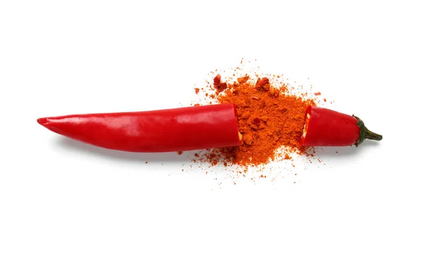 Cut Fresh Chili Pepper Powder White Background — Stock Photo, Image