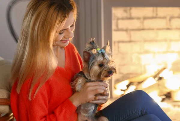 Woman Cute Dog Resting Fireplace — Stock Photo, Image