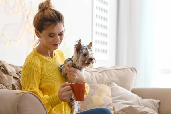 Woman Cute Dog Drinking Tea Home — Stock Photo, Image