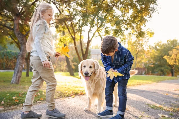 Милые Дети Собакой Осеннем Парке — стоковое фото