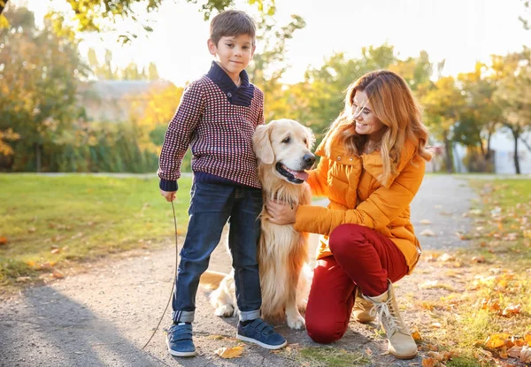 Mutter Mit Sohn Und Hund Herbstpark — Stockfoto