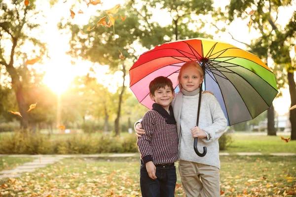 Cute Little Children Colorful Umbrella Autumn Park — Stock Photo, Image