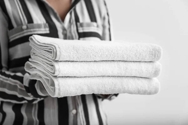 Woman Stack Clean Towels White Background Closeup — Stock Photo, Image