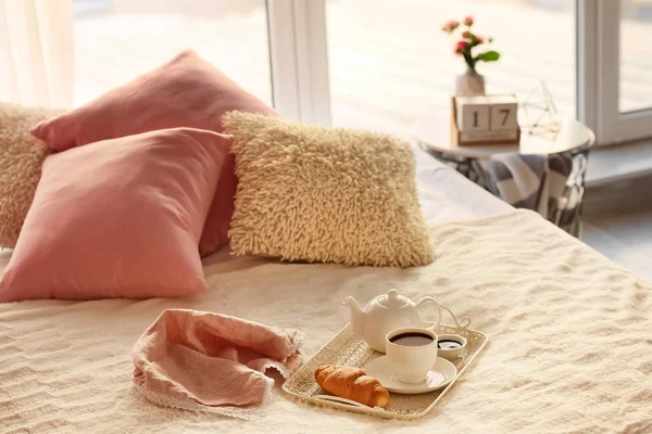 Tray Delicious Breakfast Bed — Stock Photo, Image