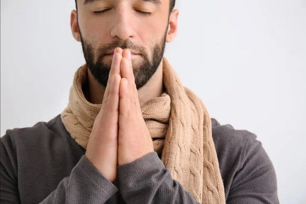 Religious Young Man Praying God Light Background — Stock Photo, Image