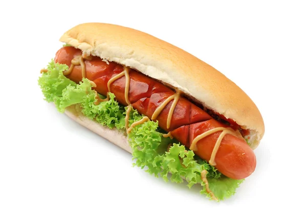 Tasty Hot Dog Lettuce Sauces White Background — Stock Photo, Image