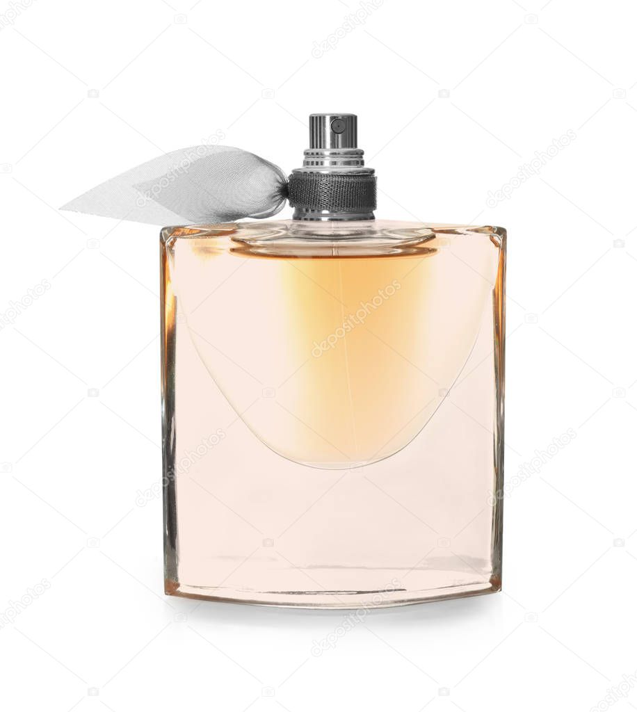 Transparent bottle of perfume on white background
