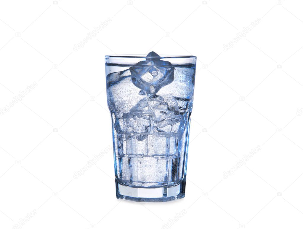 Glass of clean water with ice on white background