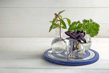 Beyaz masa üzerinde taze aromatik otlar ile kavanoz