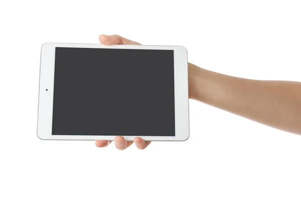 Jovem Segurando Tablet Fundo Branco — Fotografia de Stock