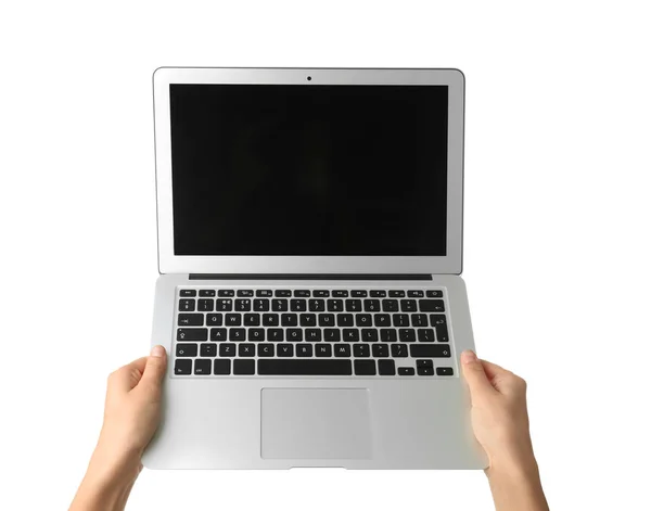 Jovem Segurando Laptop Fundo Branco — Fotografia de Stock
