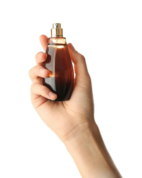 Beyaz Arka Plan Üzerinde Parfüm Şişe Tutan Kadın — Stok fotoğraf