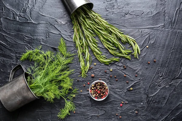 Fresh Aromatic Dill Rosemary Spices Dark Background — Stock Photo, Image