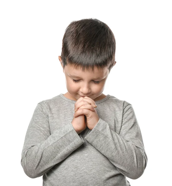 Маленький Хлопчик Молиться Білому Тлі — стокове фото