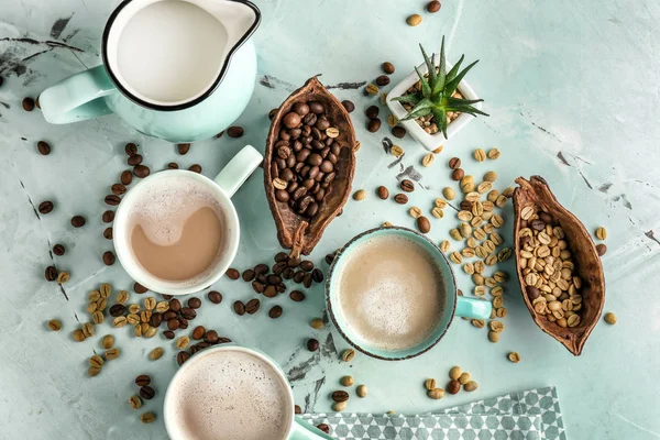 Cups Tasty Aromatic Coffee Jug Milk Beans Light Table — Stock Photo, Image