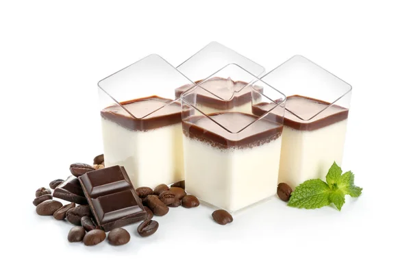 Glasses Tasty Chocolate Panna Cotta White Background — Stock Photo, Image