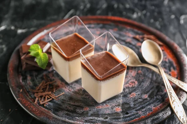 Glasses Tasty Chocolate Panna Cotta Plate — Stock Photo, Image