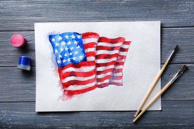 Suluboya resim fırçaları ahşap tablo ile Amerikan Ulusal bayrağı