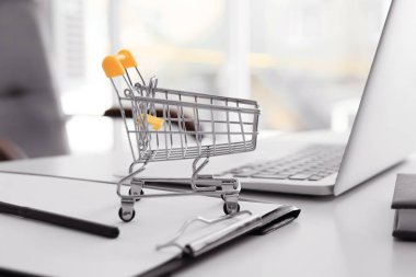 Küçük sepeti ve masa üstünde laptop. Internet alışveriş kavramı