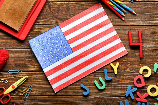 Drawing American National Flag Color Letters Stationery Wooden Table 4Th — Stock Photo, Image