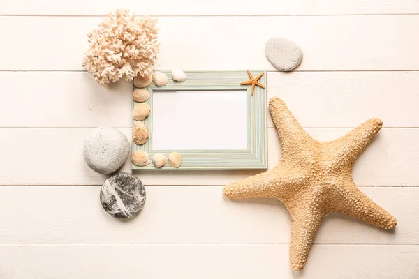 Empty Frame Sea Shells Starfishes Stones White Wooden Background — Stock Photo, Image