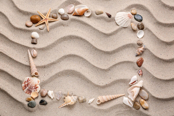 Frame made of different sea shells and stones on sand