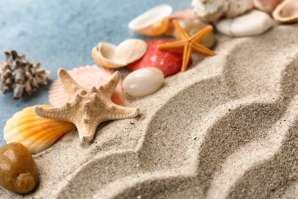 Different Sea Shells Starfish Sand Color Background — Stock Photo, Image