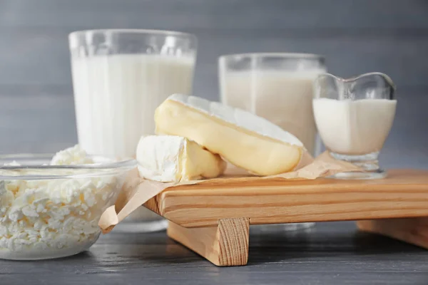 Different Milk Products Wooden Table — Stock Photo, Image