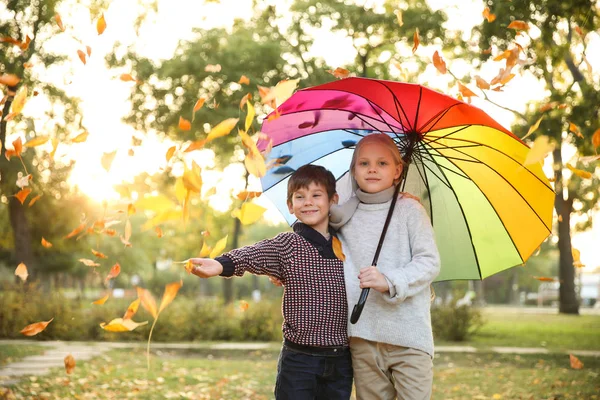 Cute Little Children Colorful Umbrella Autumn Park — Stock Photo, Image