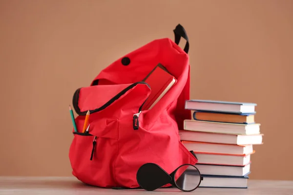 Backpack School Supplies Color Background — Stock Photo, Image