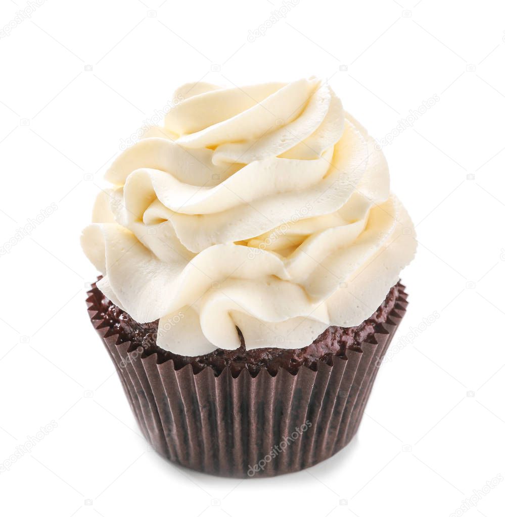 Tasty chocolate cupcake on white background