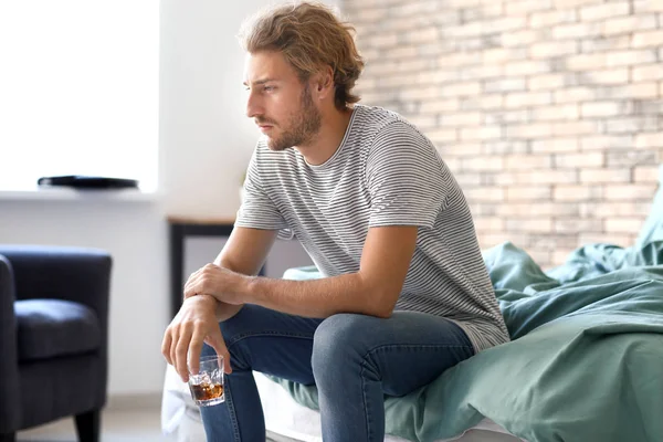 Depressed Young Man Drinking Alcohol Home — Stock Photo, Image