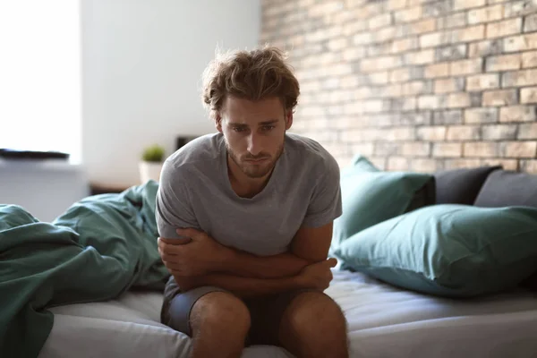 Depressed Young Man Sitting Bed — Stock Photo, Image