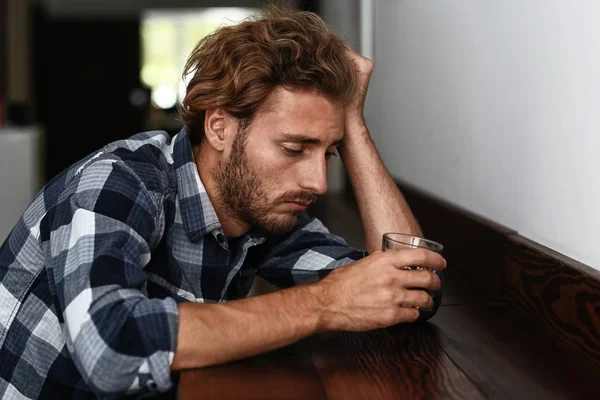 Depressed Young Man Drinking Alcohol Bar — Stock Photo, Image
