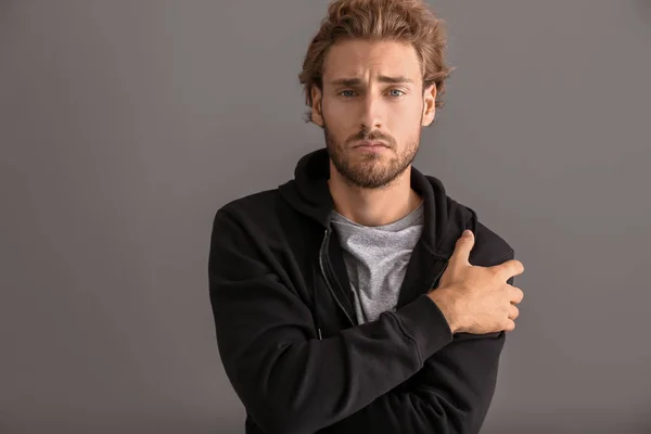 Depressed Young Man Grey Background — Stock Photo, Image